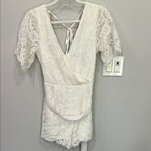 Three Pink Hearts White Lace Romper